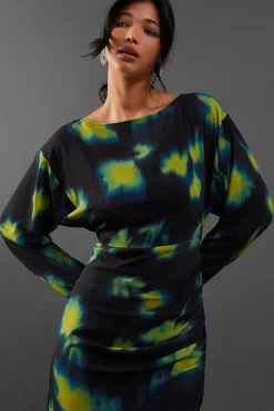 Printed Chiffon Slash Neck Batwing Column Maxi Dress