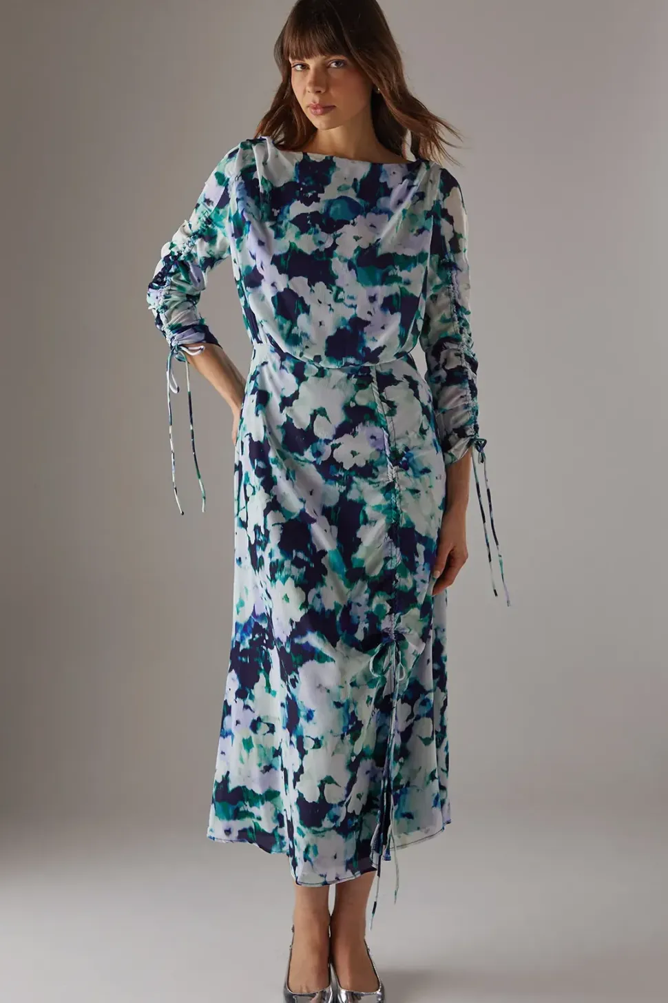 Printed Chiffon Slash Neck Drawstring Detail Midi Dress