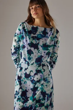 Printed Chiffon Slash Neck Drawstring Detail Midi Dress