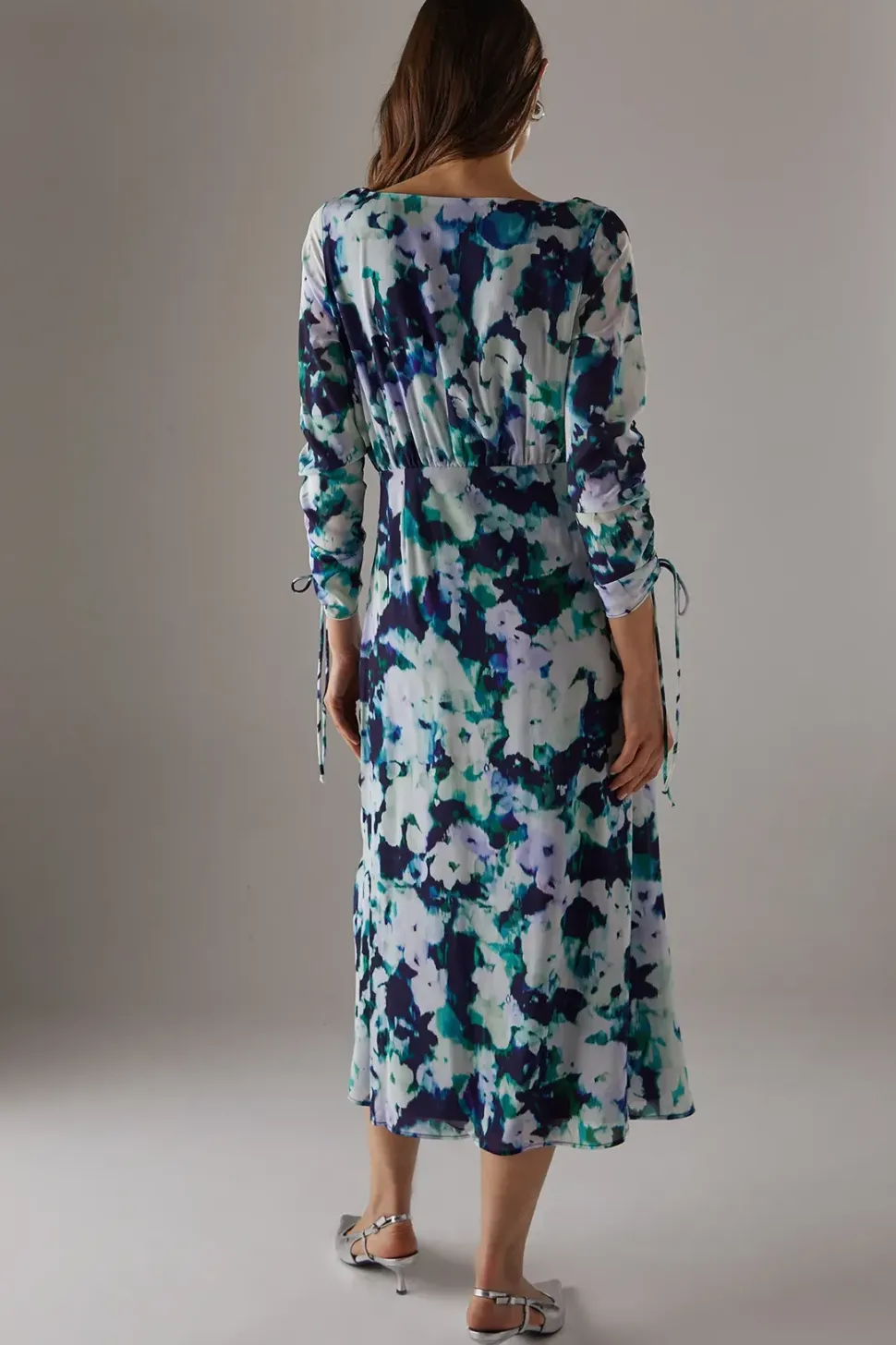 Printed Chiffon Slash Neck Drawstring Detail Midi Dress