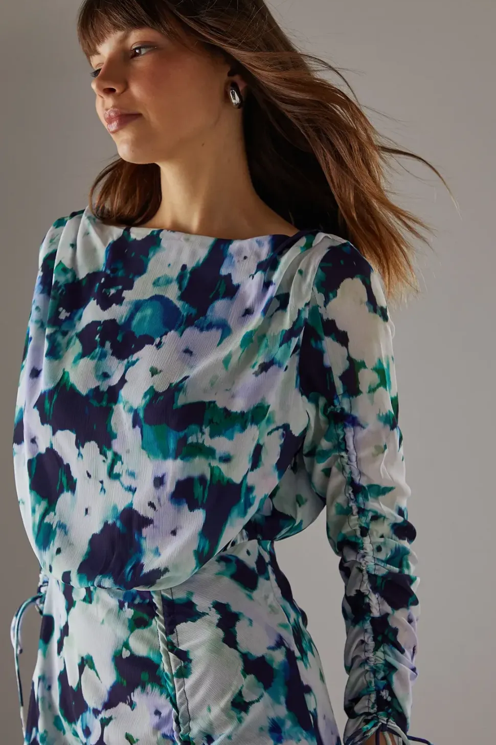 Printed Chiffon Slash Neck Drawstring Detail Midi Dress