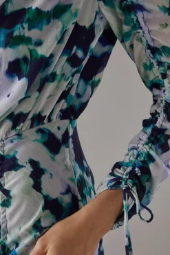 Printed Chiffon Slash Neck Drawstring Detail Midi Dress