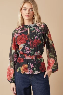 Printed Chiffon Tie Front Keyhole Blouse
