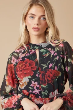 Printed Chiffon Tie Front Keyhole Blouse
