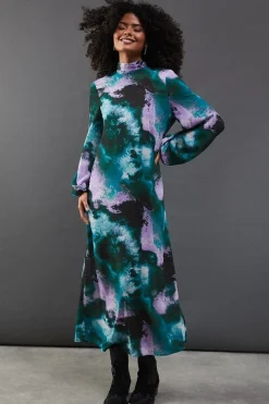 Printed Chiffon Tie Neck Balloon Sleeve Column Midi Dress
