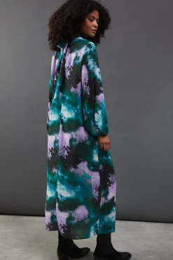 Printed Chiffon Tie Neck Balloon Sleeve Column Midi Dress