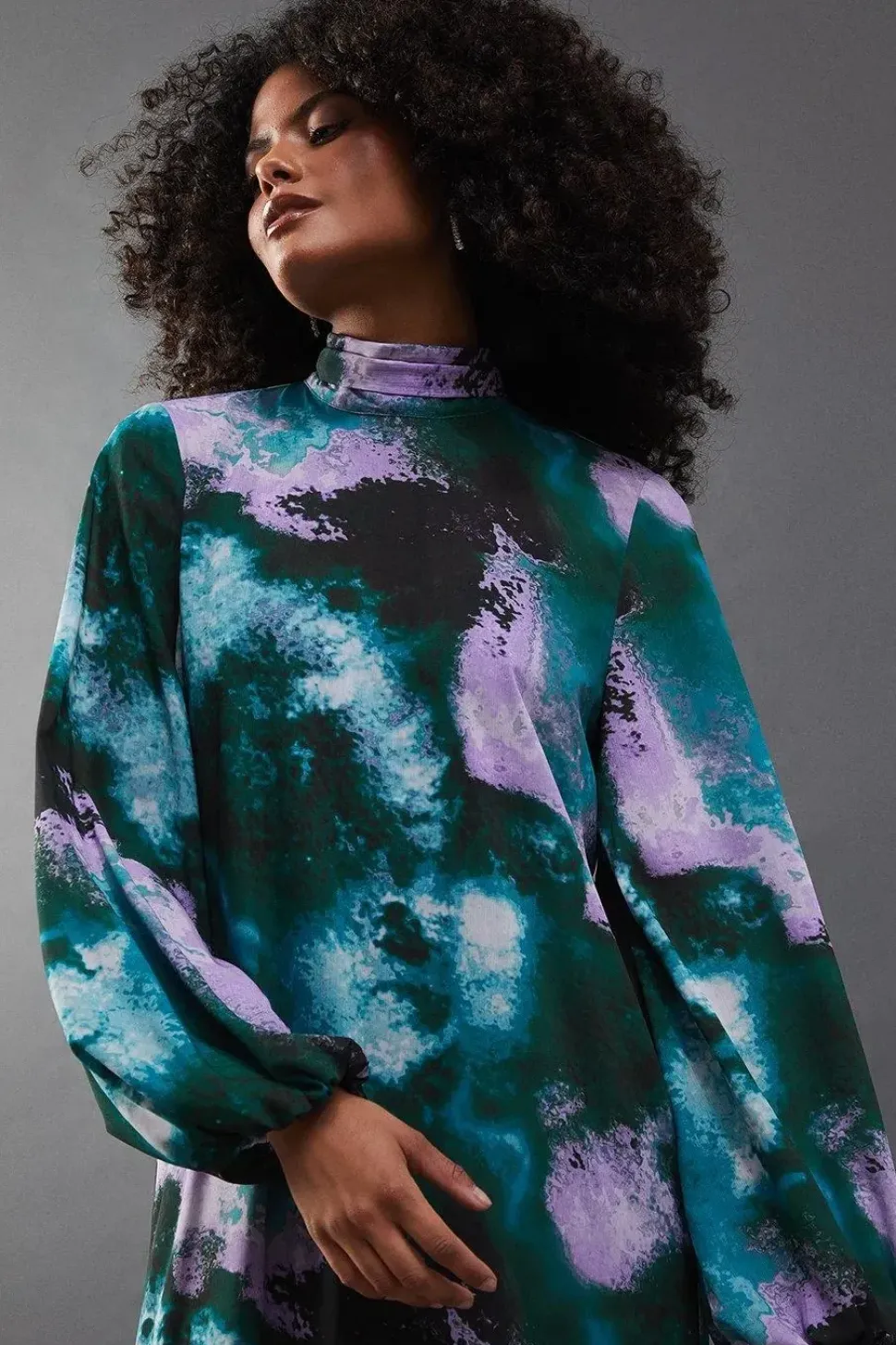 Printed Chiffon Tie Neck Balloon Sleeve Column Midi Dress