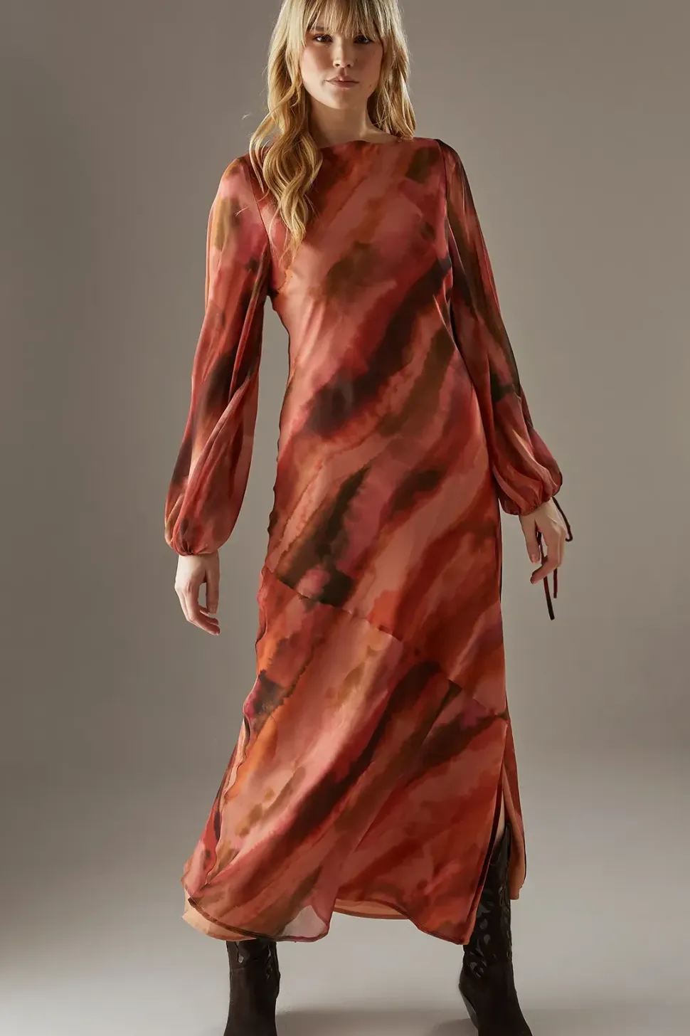 Printed Chiffon Volume Sleeve Maxi Dress