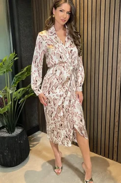 Printed Collared Neck Wrap Midi Dress