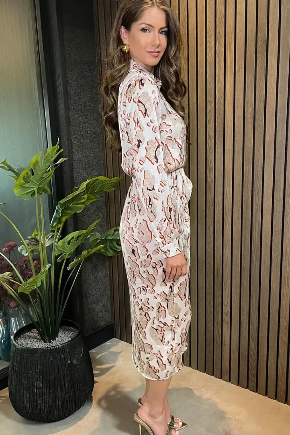 Printed Collared Neck Wrap Midi Dress