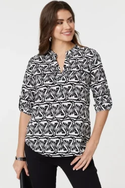 Printed Collarless V-Neck 3/4 Blouse