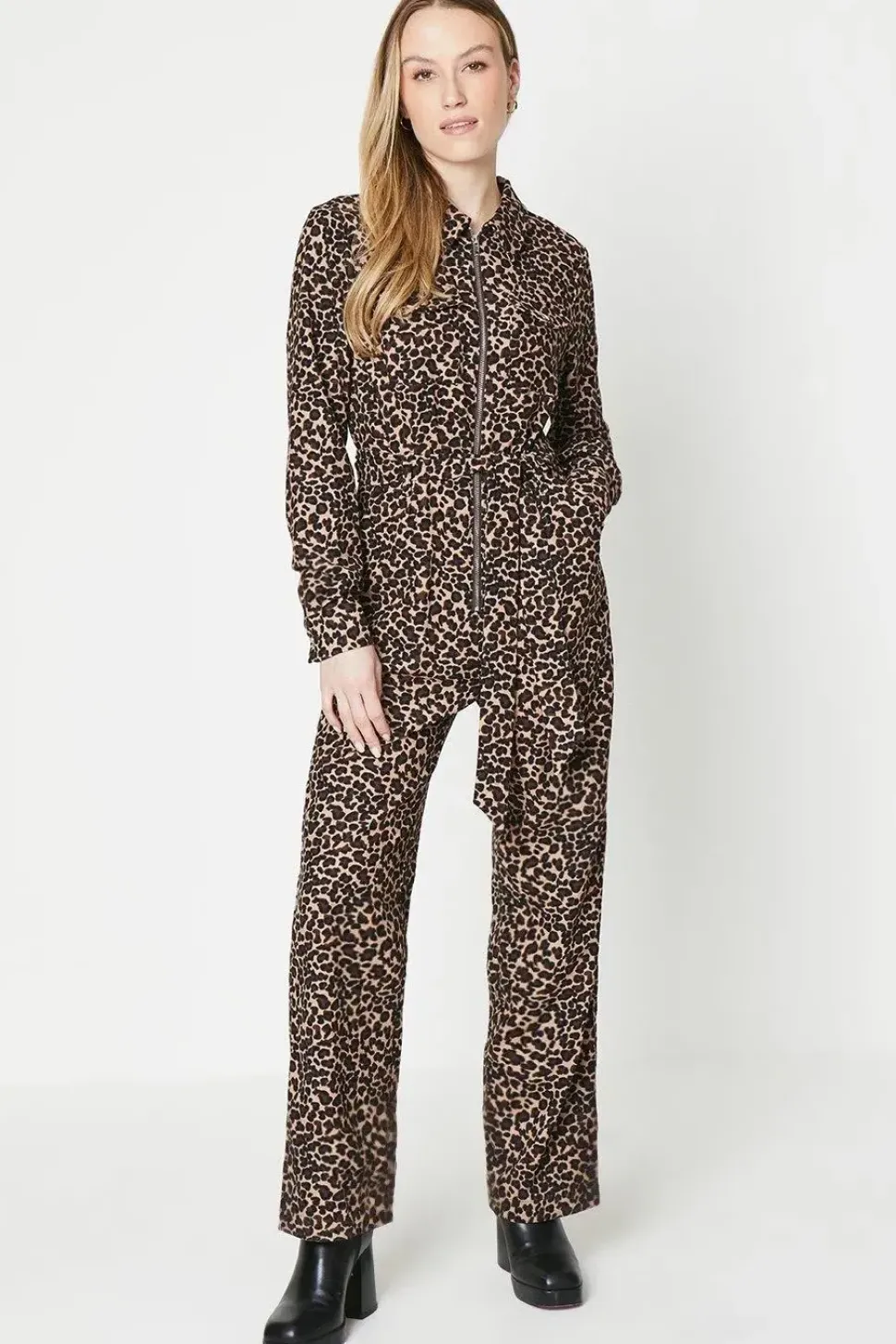 Printed Cord Zip Front Belted Boilersuit