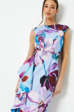 Printed Crepe Midi Dress With Side Ruffle Detail