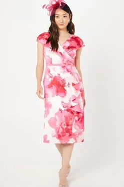 Printed Crepe Ruffle Detail Pencil Dress