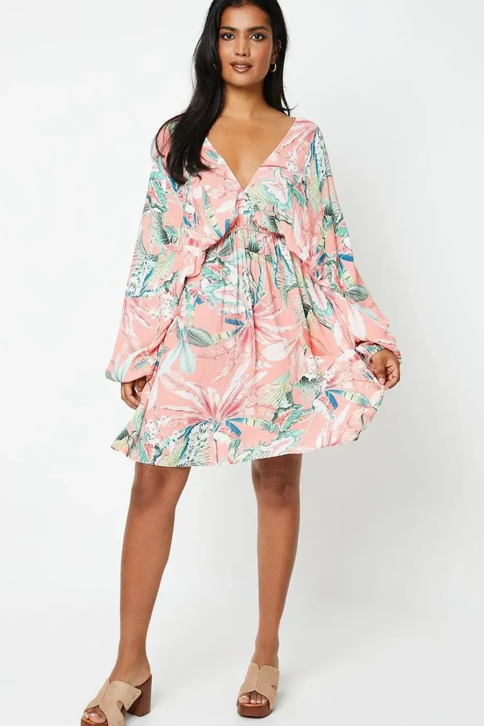 Printed Crinkle Batwing Tassel Detail Mini Dress
