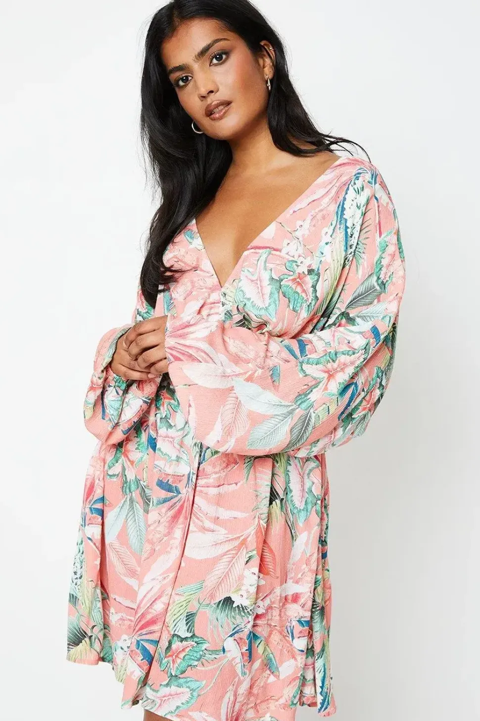 Printed Crinkle Batwing Tassel Detail Mini Dress