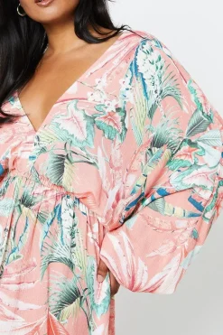 Printed Crinkle Batwing Tassel Detail Mini Dress