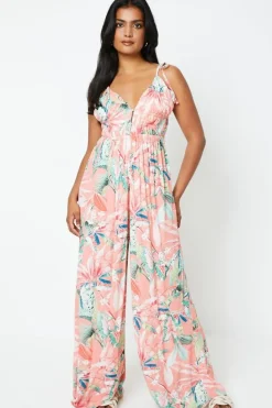 Printed Crinkle Channel Detail Strappy Jumpsuit