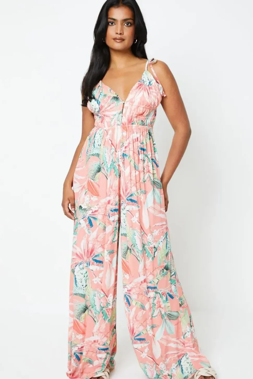 Printed Crinkle Channel Detail Strappy Jumpsuit