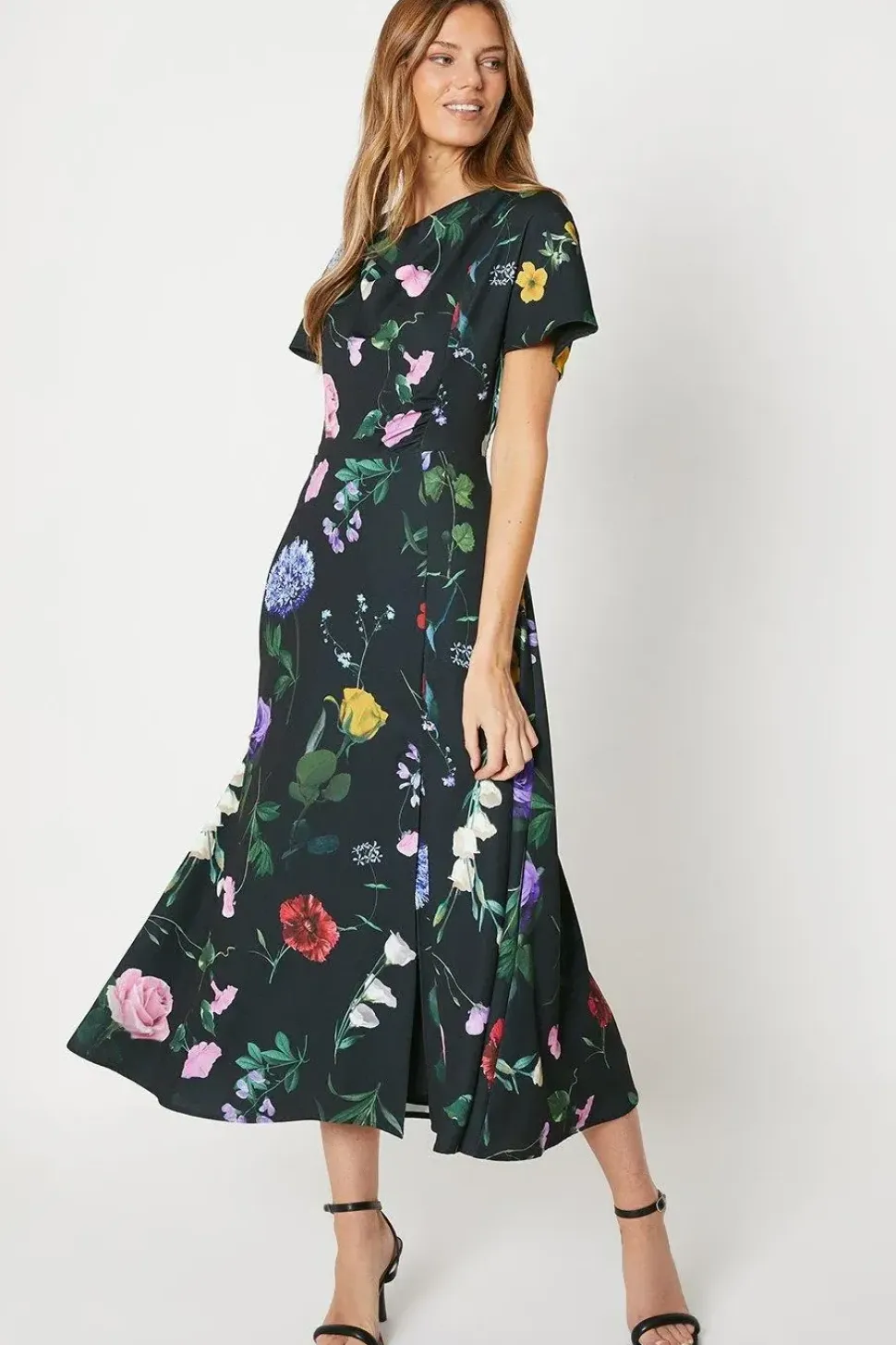 Printed Drape Bodice Midi Dress With Slit