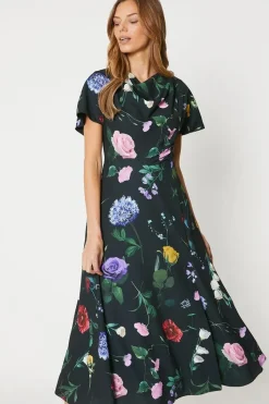 Printed Drape Bodice Midi Dress With Slit