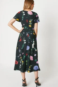 Printed Drape Bodice Midi Dress With Slit