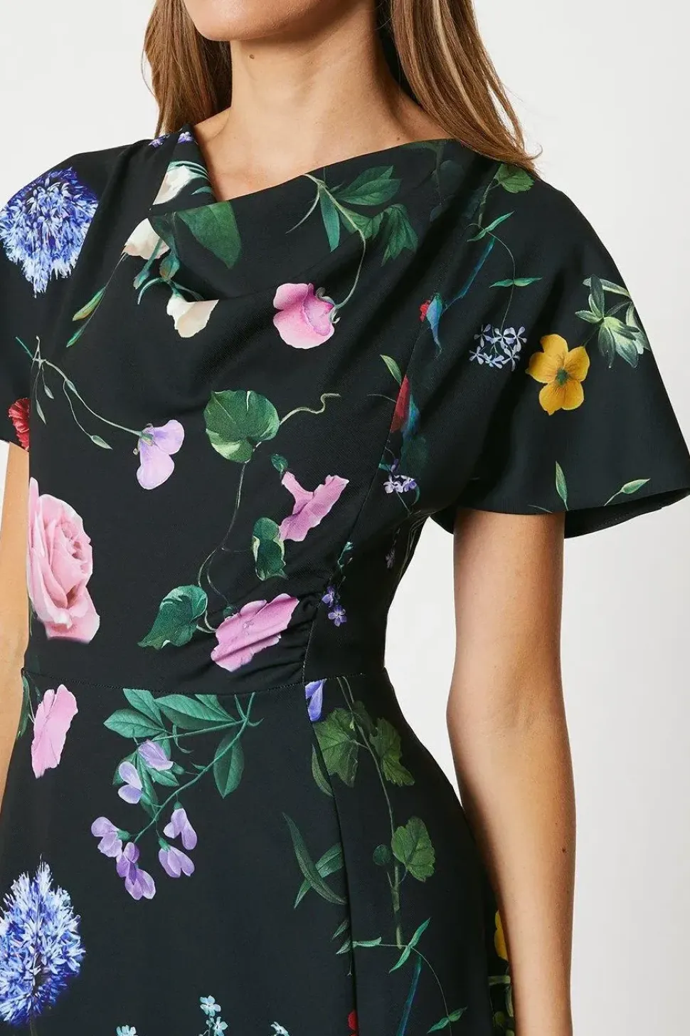 Printed Drape Bodice Midi Dress With Slit