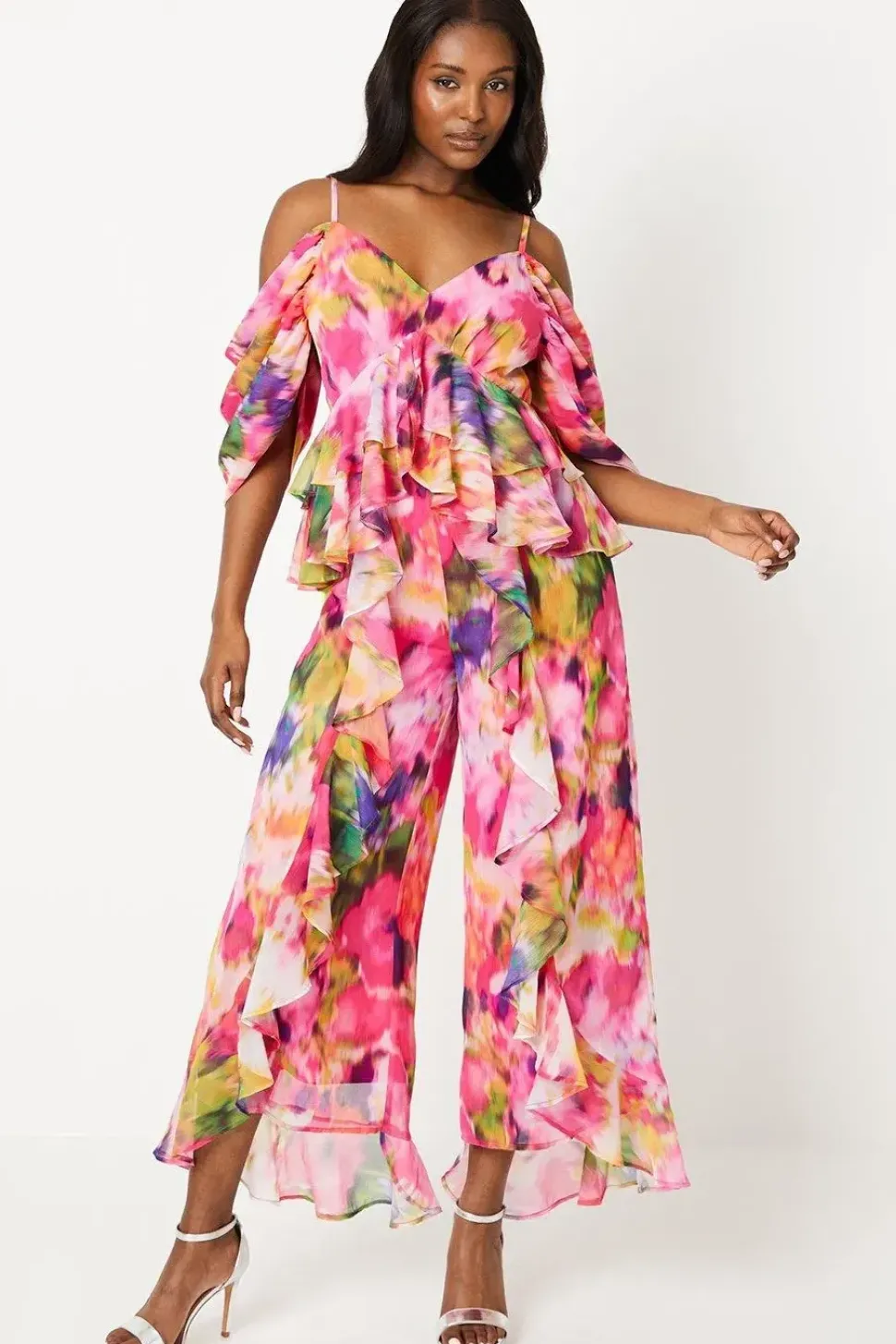 Printed Drape Shoulder Ruffle Jumpsuit