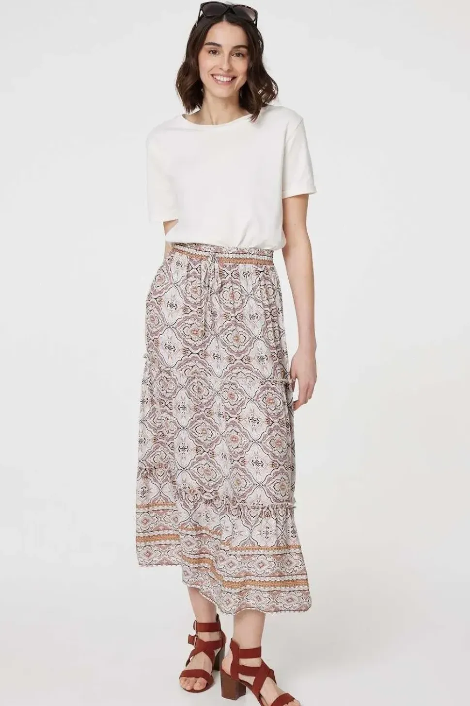 Printed Drawstring Waist Maxi Skirt