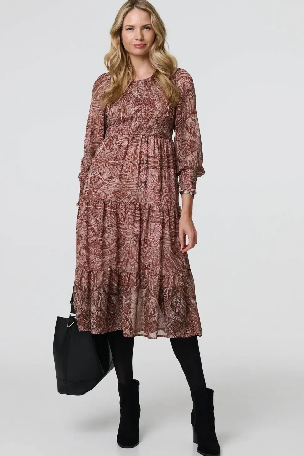 Printed Empire Tiered Midi Smock Dress