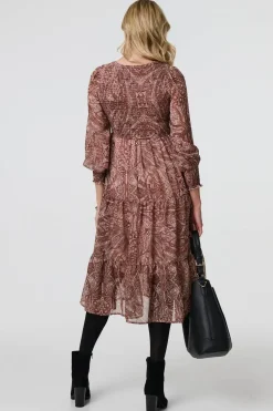 Printed Empire Tiered Midi Smock Dress