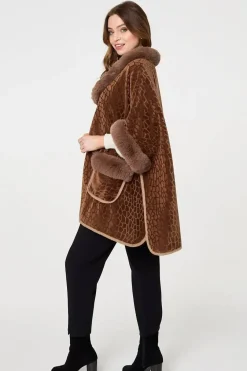 Printed Faux Fur Trim Cape Coat