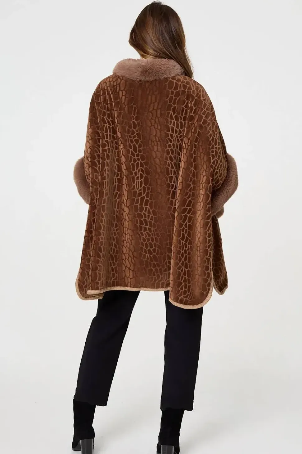 Printed Faux Fur Trim Cape Coat
