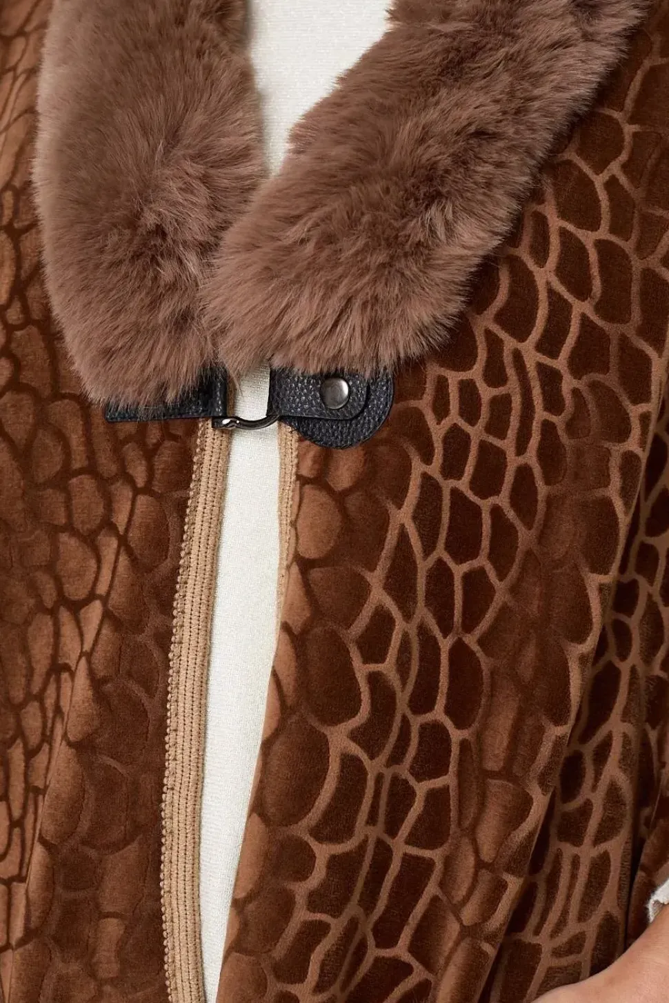 Printed Faux Fur Trim Cape Coat