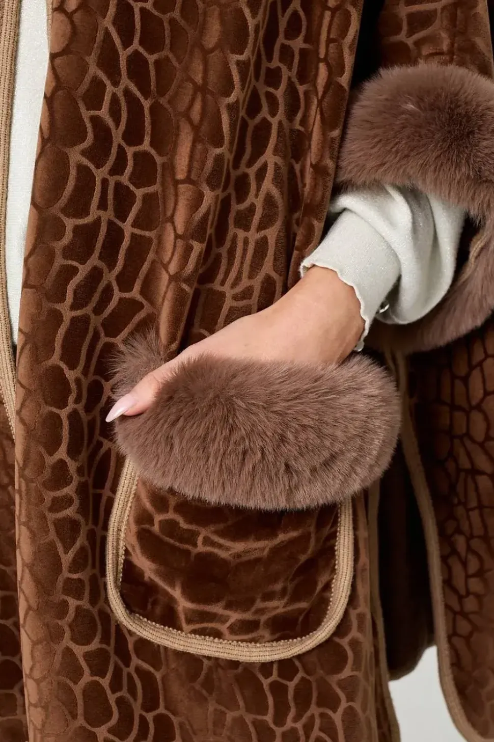 Printed Faux Fur Trim Cape Coat