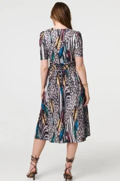 Printed Faux Wrap Front Jersey Midi Dress