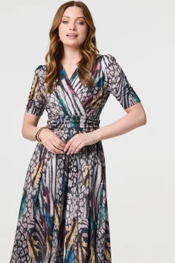 Printed Faux Wrap Front Jersey Midi Dress