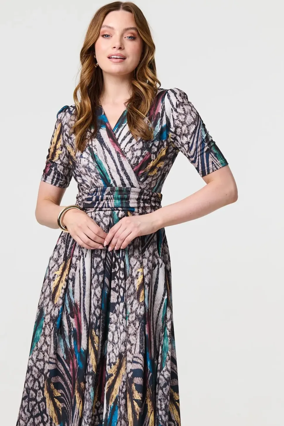 Printed Faux Wrap Front Jersey Midi Dress