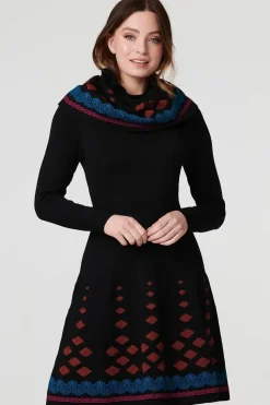 Printed Fit & Flare Dress with Scarf