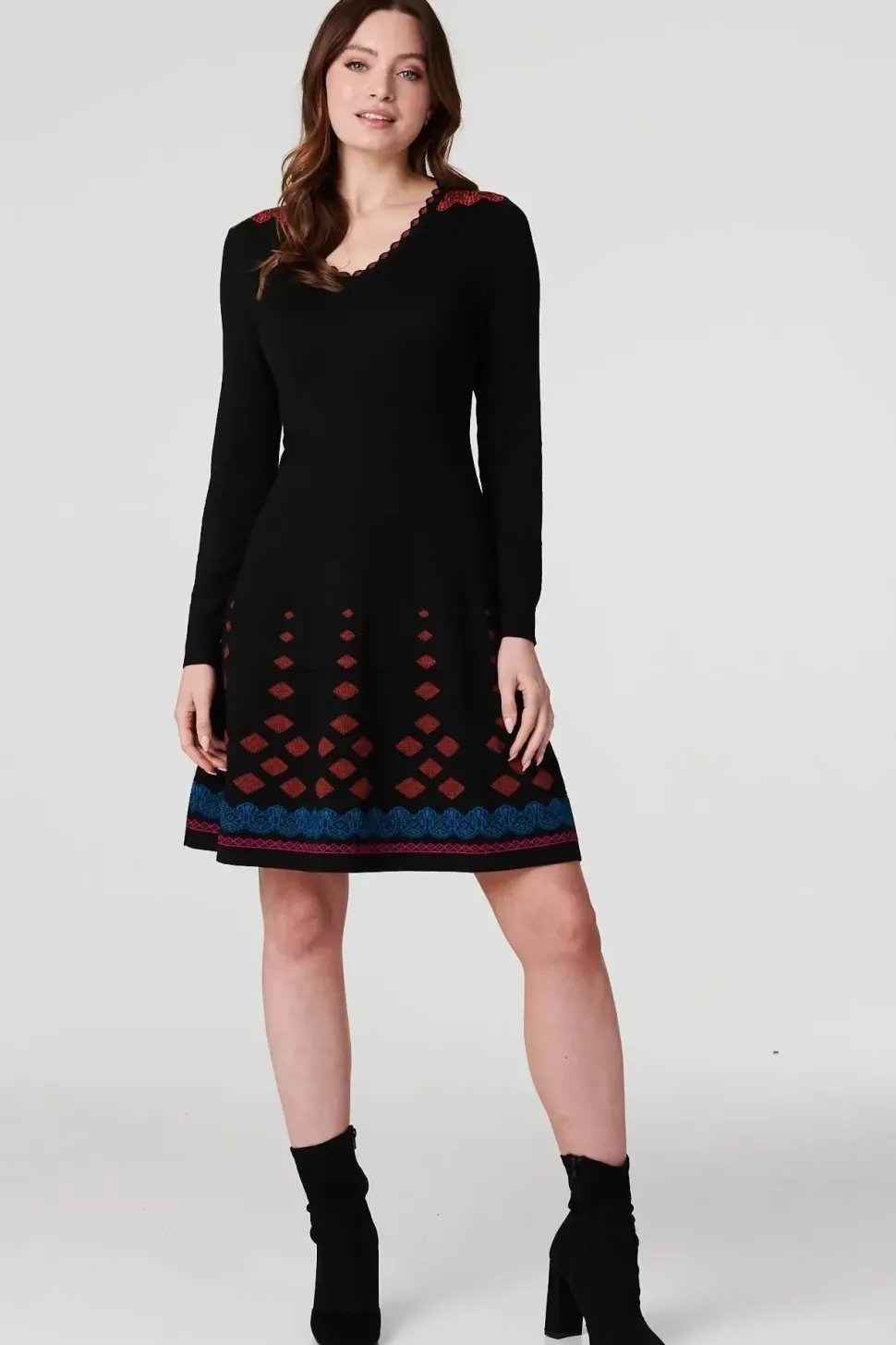 Printed Fit & Flare Dress with Scarf