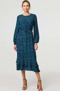 Printed Flare Sleeve Ruffled Midi Dress