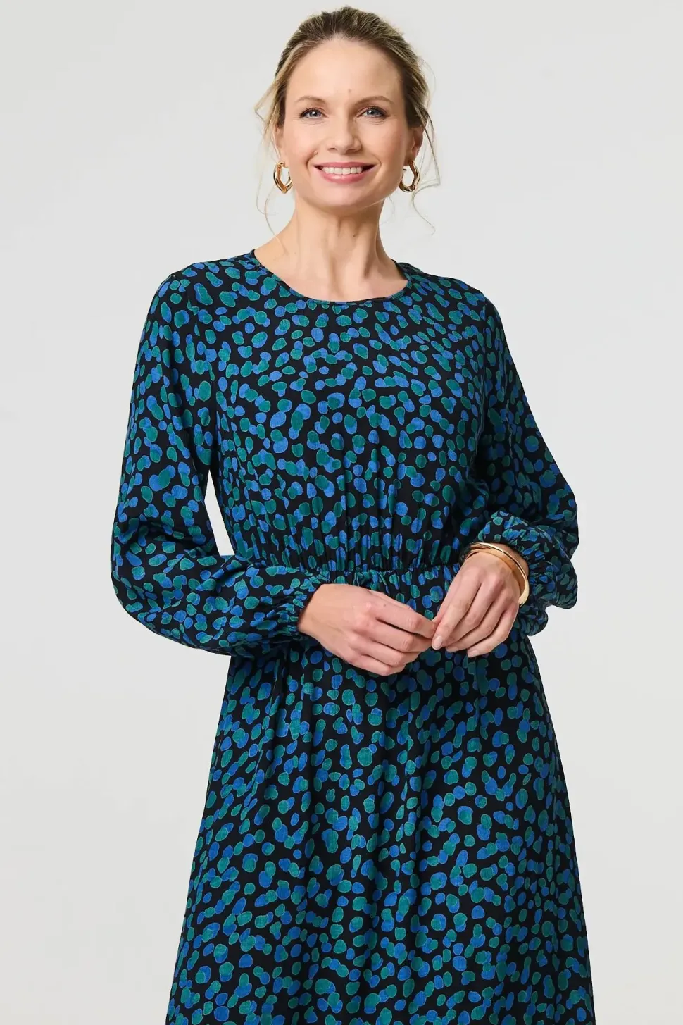 Printed Flare Sleeve Ruffled Midi Dress