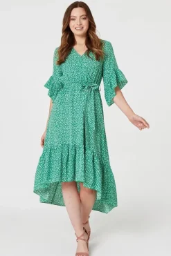 Printed Frilled Wrap Front Dress