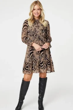 Printed Frill Neck Short Dress