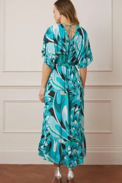Printed Glitter Stripe Ruffle Hem Midaxi Dress
