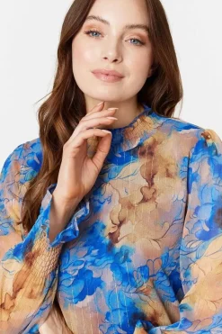 Printed High Neck Long Sleeve Blouse