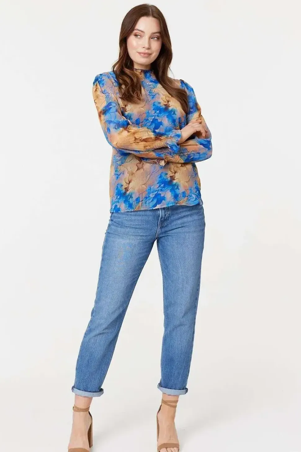 Printed High Neck Long Sleeve Blouse