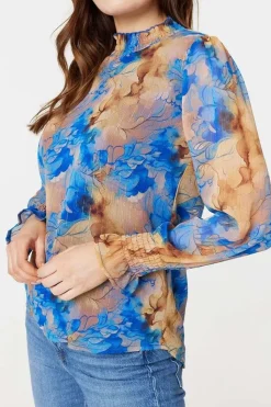 Printed High Neck Long Sleeve Blouse