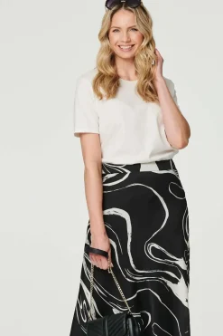Printed High Waist A-Line Midi Skirt