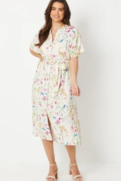 Printed Kimono Sleeve Belted Wrap Midi Dress